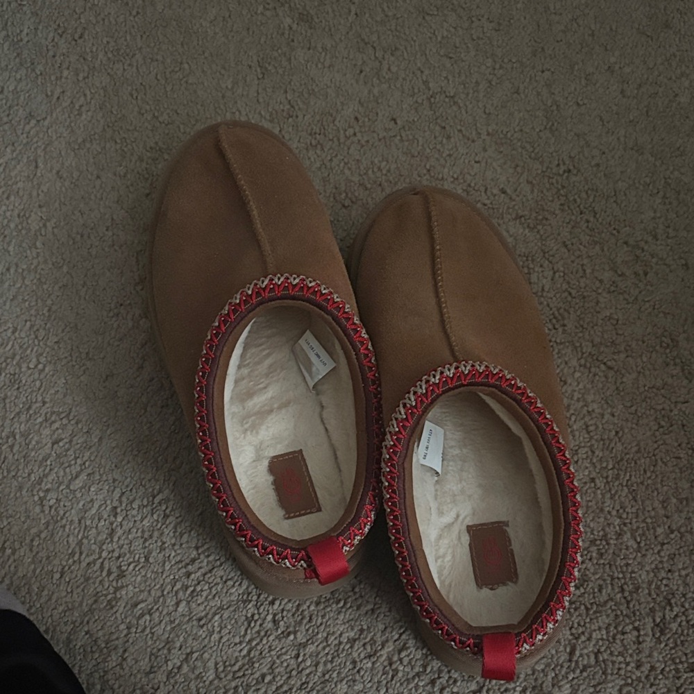 UGG Tan womens Slippers with Red Trim